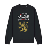 Sweater in schwarz mit Schriftzug ich bin Pälzer gott sei dank und goldenem Löwenmotiv.