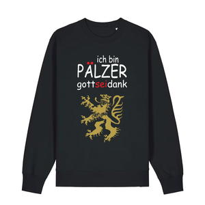 Sweater in schwarz mit Schriftzug ich bin Pälzer gott sei dank und goldenem Löwenmotiv.