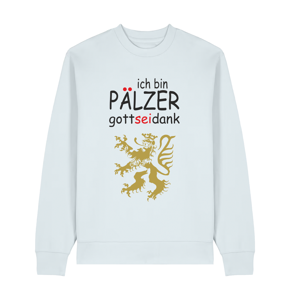 Sweater in eisblau mit Schriftzug ich bin Pälzer gott sei dank und goldenem Löwenmotiv.