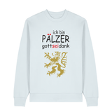 Sweater in eisblau mit Schriftzug ich bin Pälzer gott sei dank und goldenem Löwenmotiv.