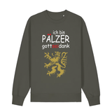 Sweater in khaki mit Schriftzug ich bin Pälzer gott sei dank und goldenem Löwenmotiv.