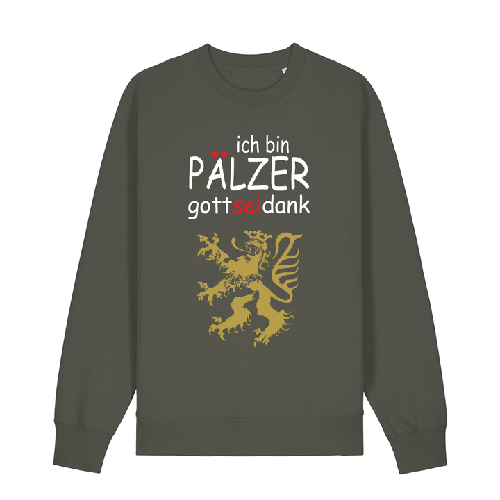 Sweater in khaki mit Schriftzug ich bin Pälzer gott sei dank und goldenem Löwenmotiv.