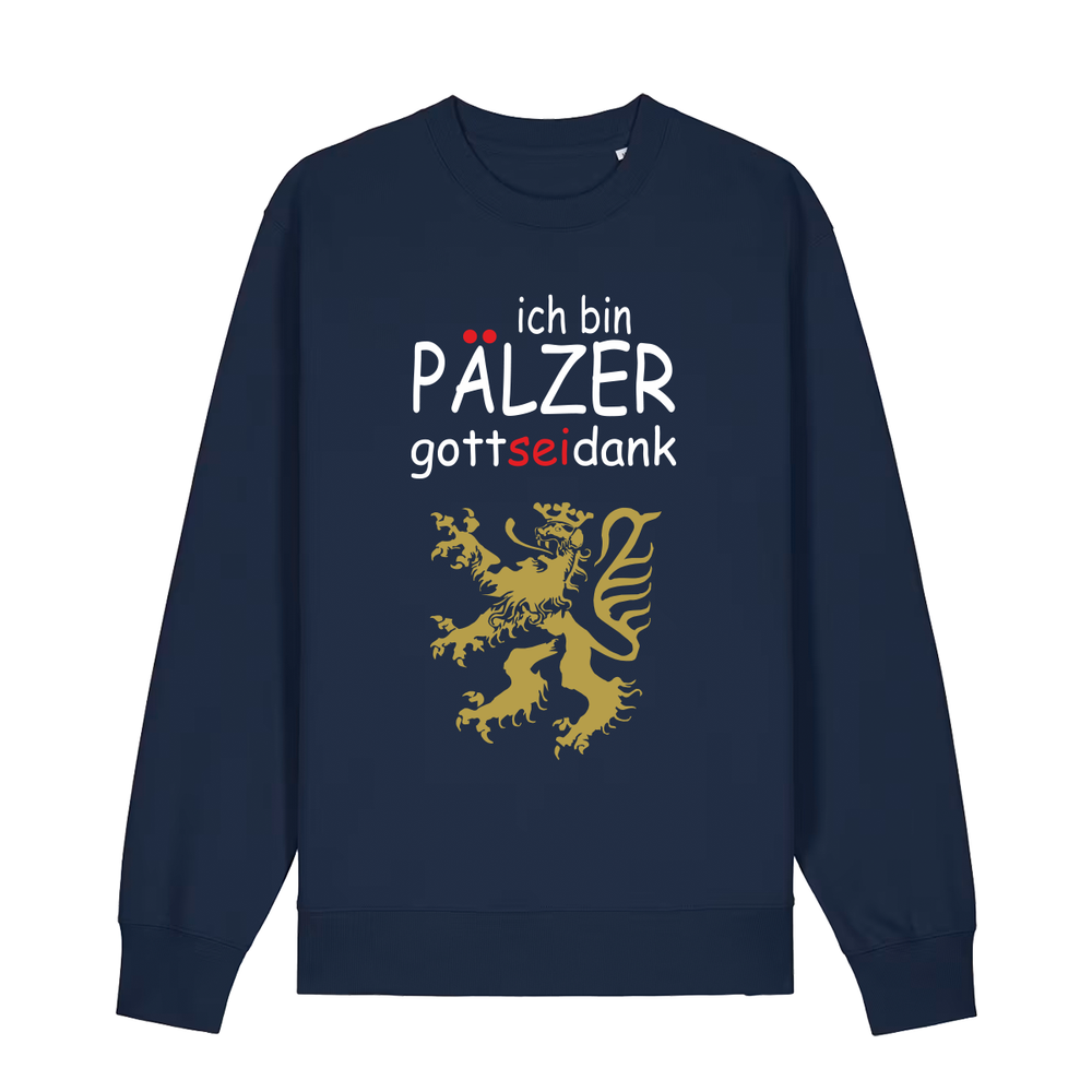Sweater in navy mit Schriftzug ich bin Pälzer gott sei dank und goldenem Löwenmotiv.