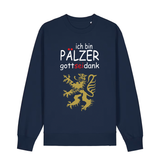 Sweater in navy mit Schriftzug ich bin Pälzer gott sei dank und goldenem Löwenmotiv.