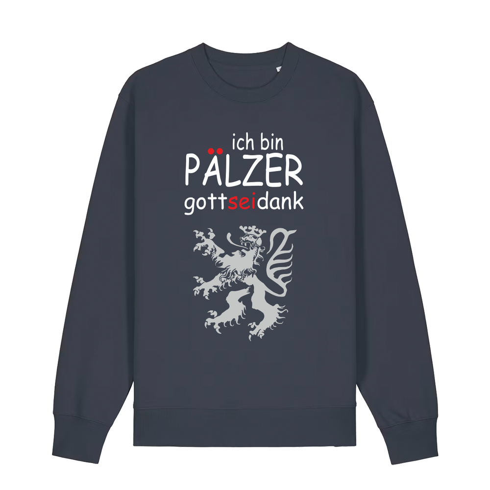 Sweater in anthrazit mit Schriftzug ich bin Pälzer gott sei dank und silbernem Löwenmotiv.
