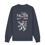 Sweater in anthrazit mit Schriftzug ich bin Pälzer gott sei dank und silbernem Löwenmotiv.