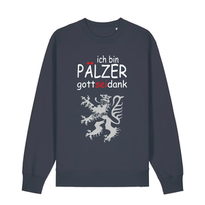 Sweater in anthrazit mit Schriftzug ich bin Pälzer gott sei dank und silbernem Löwenmotiv.