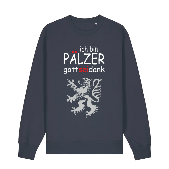 Sweater in anthrazit mit Schriftzug ich bin Pälzer gott sei dank und silbernem Löwenmotiv.