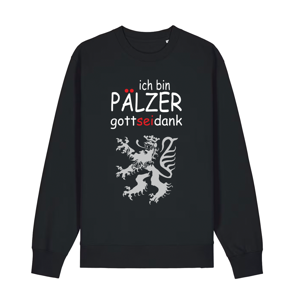 Sweater in schwarz mit Schriftzug ich bin Pälzer gott sei dank und silbernem Löwenmotiv.