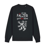 Sweater in schwarz mit Schriftzug ich bin Pälzer gott sei dank und silbernem Löwenmotiv.