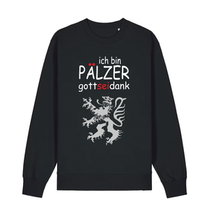 Sweater in schwarz mit Schriftzug ich bin Pälzer gott sei dank und silbernem Löwenmotiv.