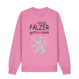 Sweater in bubbelpink mit Schriftzug ich bin Pälzer gott sei dank und silbernem Löwenmotiv.