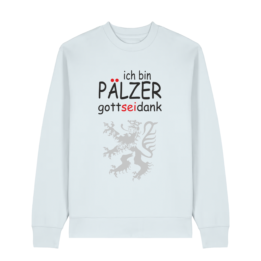 Sweater in eisblau mit Schriftzug ich bin Pälzer gott sei dank und silbernem Löwenmotiv.