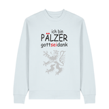 Sweater in eisblau mit Schriftzug ich bin Pälzer gott sei dank und silbernem Löwenmotiv.
