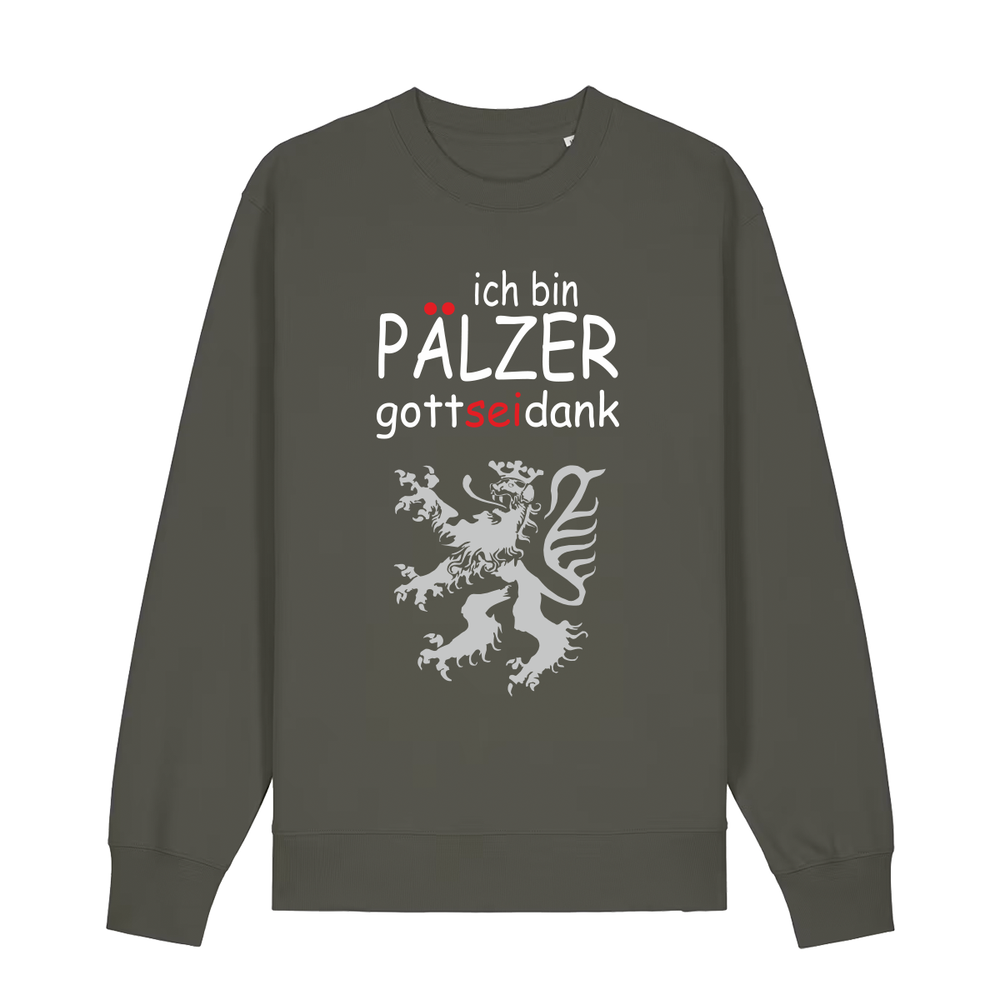 Sweater in khaki mit Schriftzug ich bin Pälzer gott sei dank und silbernem Löwenmotiv.