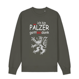 Sweater in khaki mit Schriftzug ich bin Pälzer gott sei dank und silbernem Löwenmotiv.