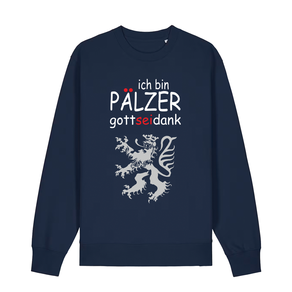 Sweater in navy mit Schriftzug ich bin Pälzer gott sei dank und silbernem Löwenmotiv.