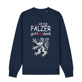 Sweater in navy mit Schriftzug ich bin Pälzer gott sei dank und silbernem Löwenmotiv.