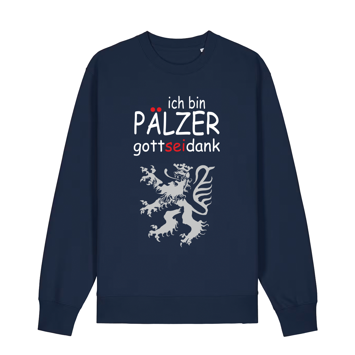 Sweater in navy mit Schriftzug ich bin Pälzer gott sei dank und silbernem Löwenmotiv.