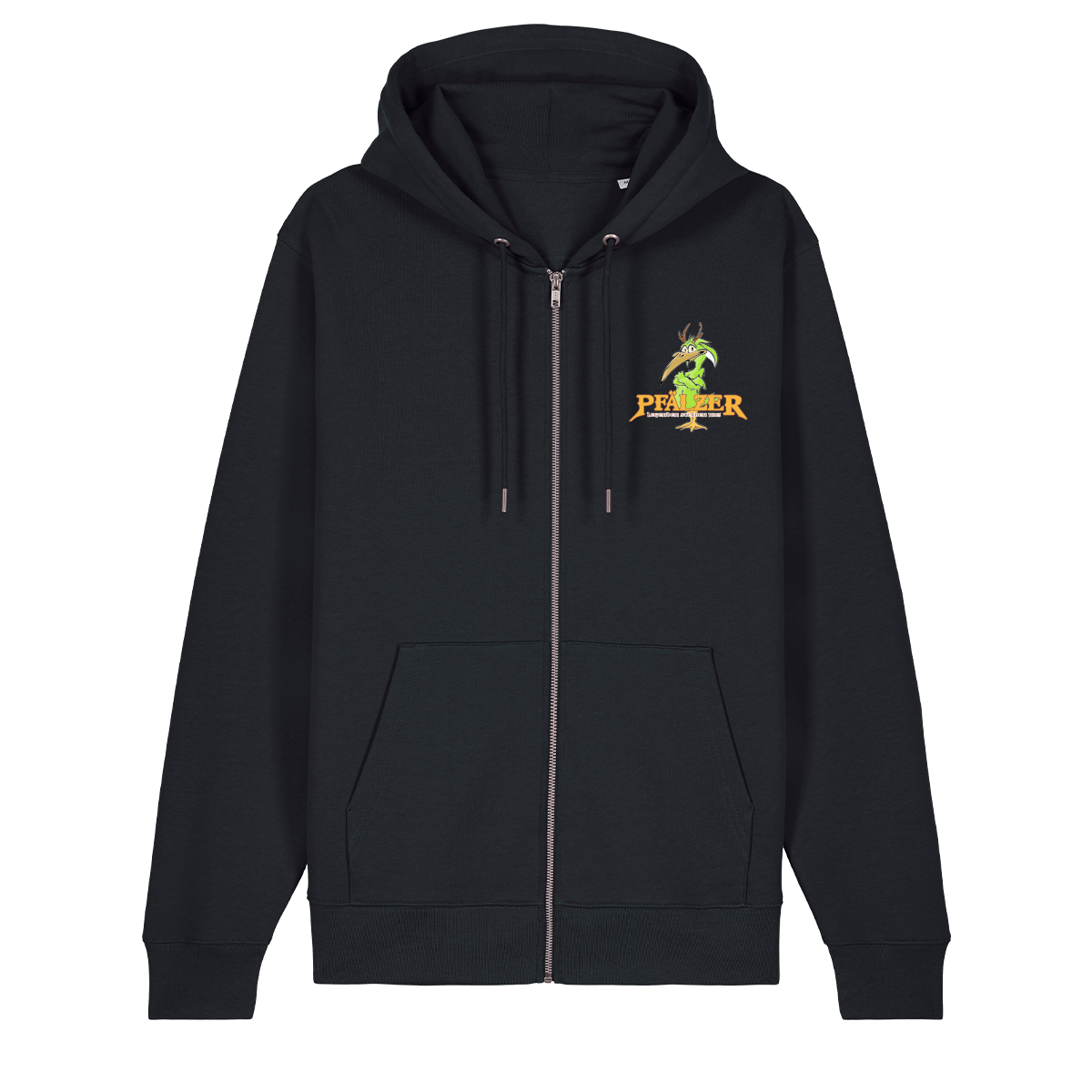 Zip-Hoodie in schwarz mit einer grünen Cartoon-Elwetritsche und orangefarbenem Schriftzug Pfälzer Legenden sterben nie.