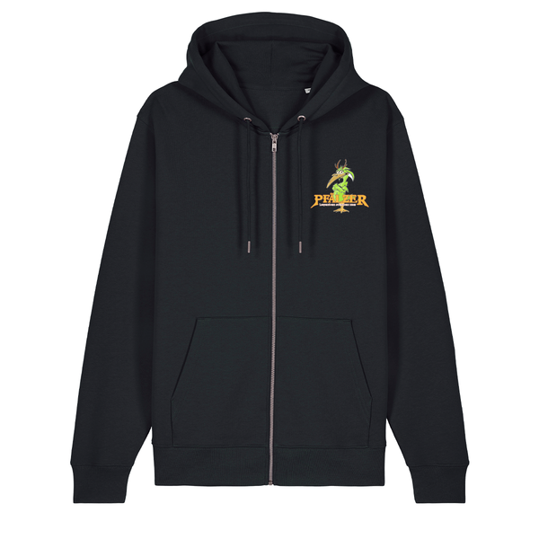 Zip-Hoodie in schwarz mit einer grünen Cartoon-Elwetritsche und orangefarbenem Schriftzug Pfälzer Legenden sterben nie.