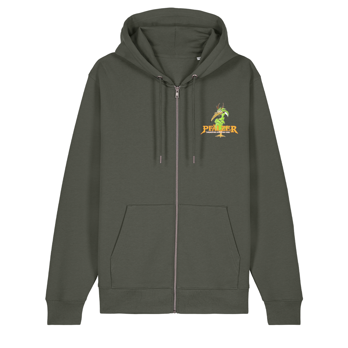 Zip-Hoodie in khaki mit einer grünen Cartoon-Elwetritsche und orangefarbenem Schriftzug Pfälzer Legenden sterben nie.