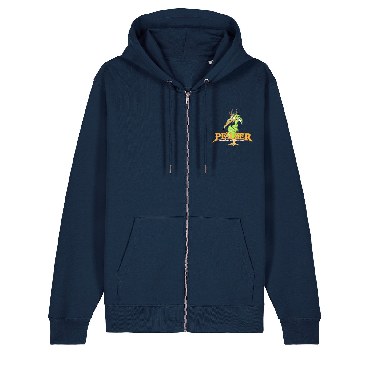 Zip-Hoodie in navy mit einer grünen Cartoon-Elwetritsche und orangefarbenem Schriftzug Pfälzer Legenden sterben nie.