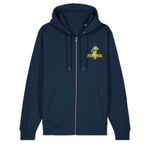 Zip-Hoodie in navy mit einer grünen Cartoon-Elwetritsche und orangefarbenem Schriftzug Pfälzer Legenden sterben nie.