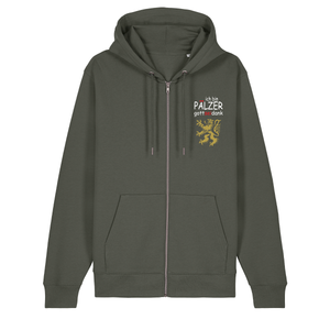 Zip-Hoodie in khaki mit Schriftzug ich bin Pälzer gott sei dank und goldenem Löwenmotiv.
