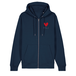 Zip-Hoodie in navy auf der Vorderseite mit kleinem roten Herz und weißem Pfalz Schriftzug auf der Brust.